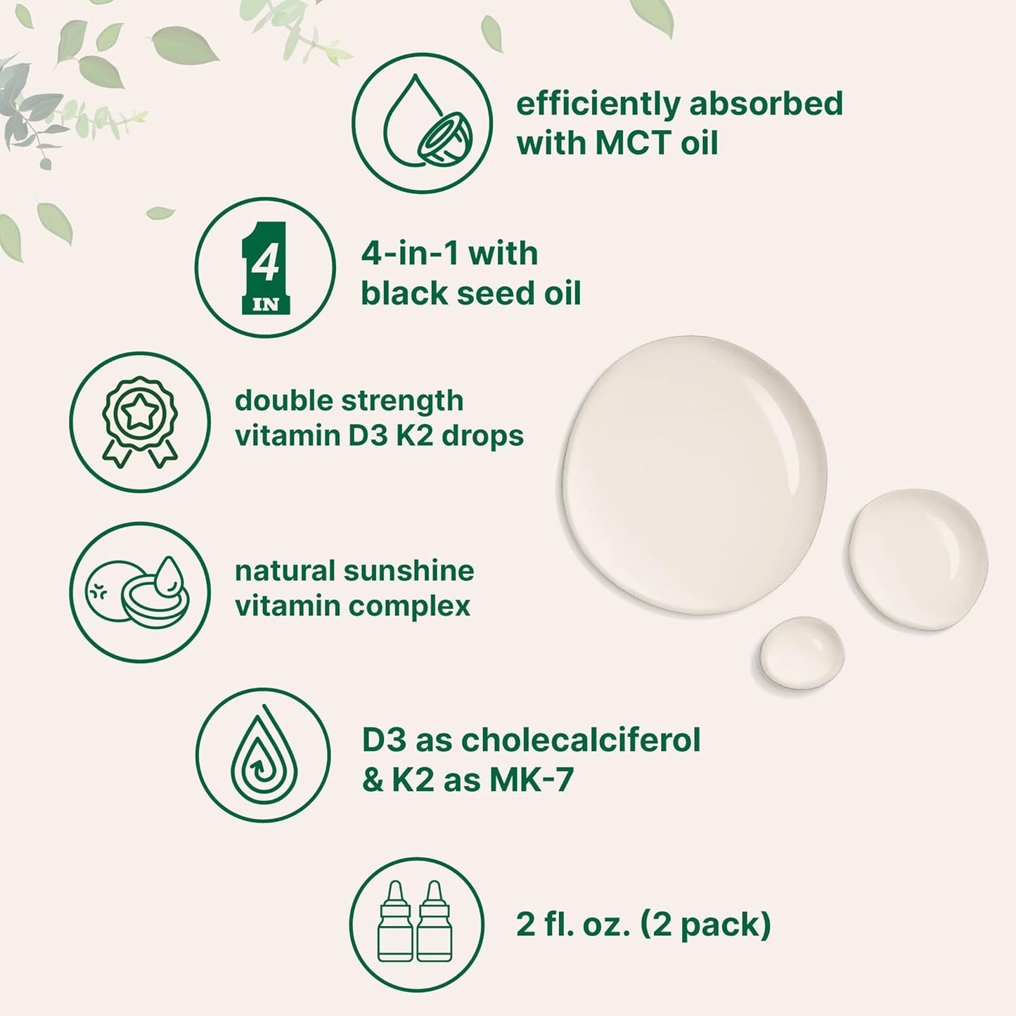 Micro Ingredients 2 Pack Vitamin D3 10000 iu + K2 (MK-7) 200 mcg Drops, 4 fl oz | Plus Black Seed & MCT Oil | 4-in-1 Bone, Immune, & Heart Health Support | Easy Absorption