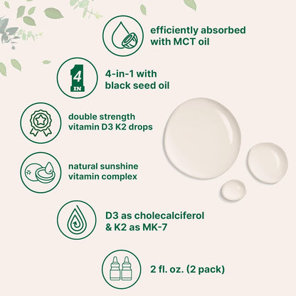 Micro Ingredients 2 Pack Vitamin D3 10000 iu + K2 (MK-7) 200 mcg Drops, 4 fl oz | Plus Black Seed & MCT Oil | 4-in-1 Bone, Immune, & Heart Health Support | Easy Absorption