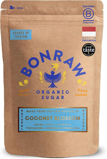 BONRAW Organic Coconut Blossom Sugar, 100% Coconut Blossom Nectar, raw and unrefined with Lower GI, Great Organic Natural Replacement for White and Brown Sugars (225g Pack)