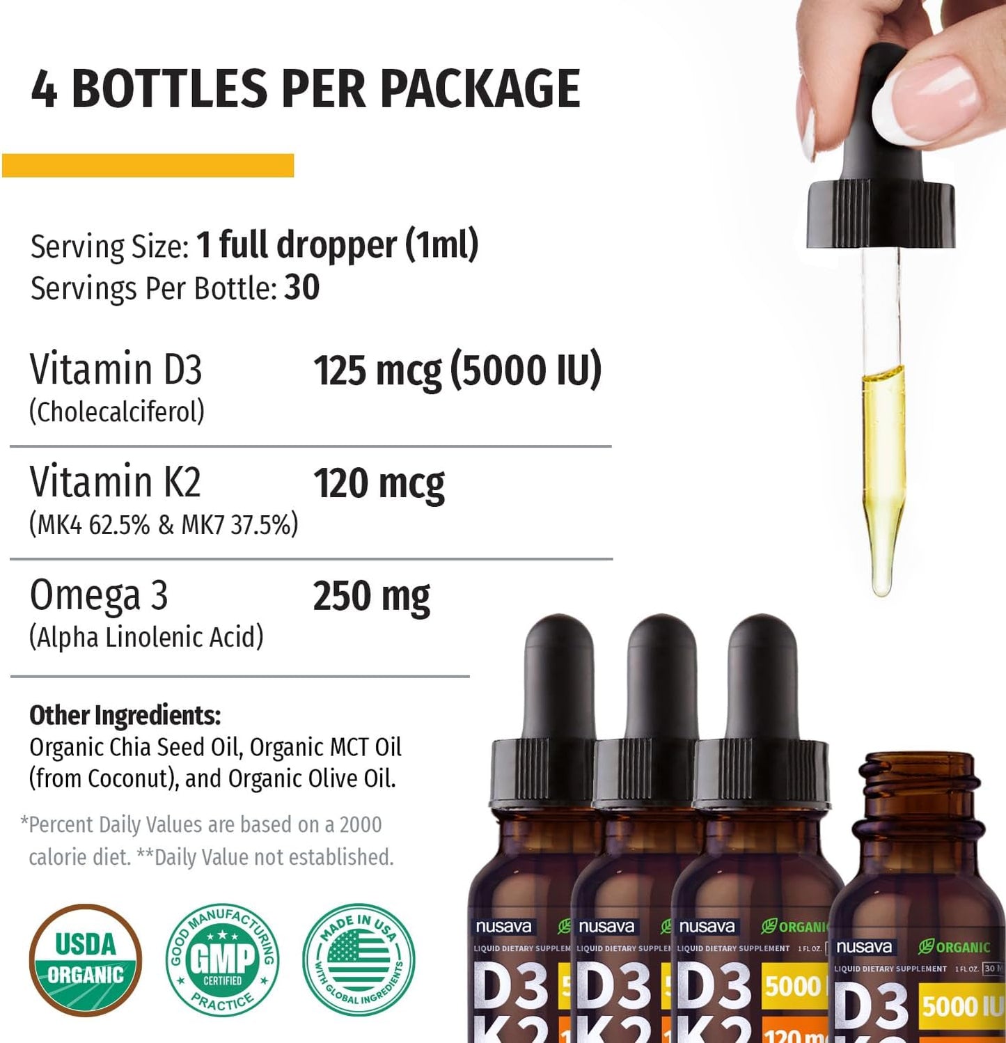 (1 Pack) Organic Vitamin D3 K2 Drops w MCT Oil Omega 3, 5000 IU, Vitamin D Liquid 5000 IU, No Fillers, Non-GMO Liquid D3 for Body’s Defenses & Faster Absorption, Unflavored, 2 Fl Oz Liquid Vitamin D3