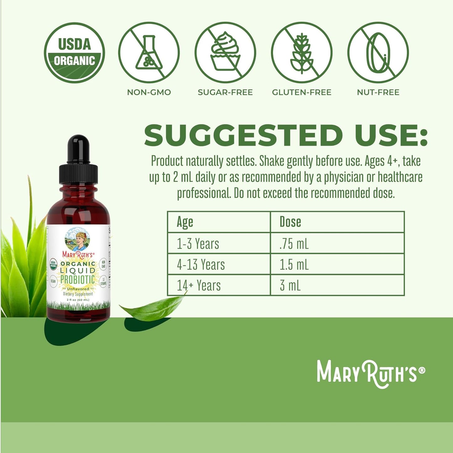MaryRuth Organics USDA Organic Liquid Probiotic | Digestive Health | Gut Health | Probiotics for Women | Probiotics for Men | Probiotics for Kids | Acidophilus Probiotic | Non-GMO | 40 Servings