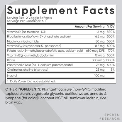 Sports Research Vitamin B-Complex - Full Spectrum of B Vitamins - Plant-Based Vegan-Friendly Formula - 60 Veggie Softgels