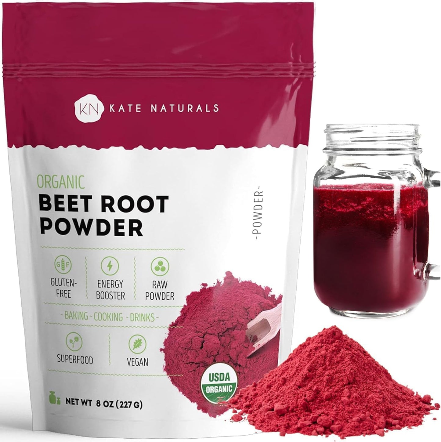 Kate Naturals Beet Root Powder Organic for Smoothie & Energy Boost. Nitric Oxide Supplement for Workout (8oz, Earth Flavor, Mix with Juice Easily)