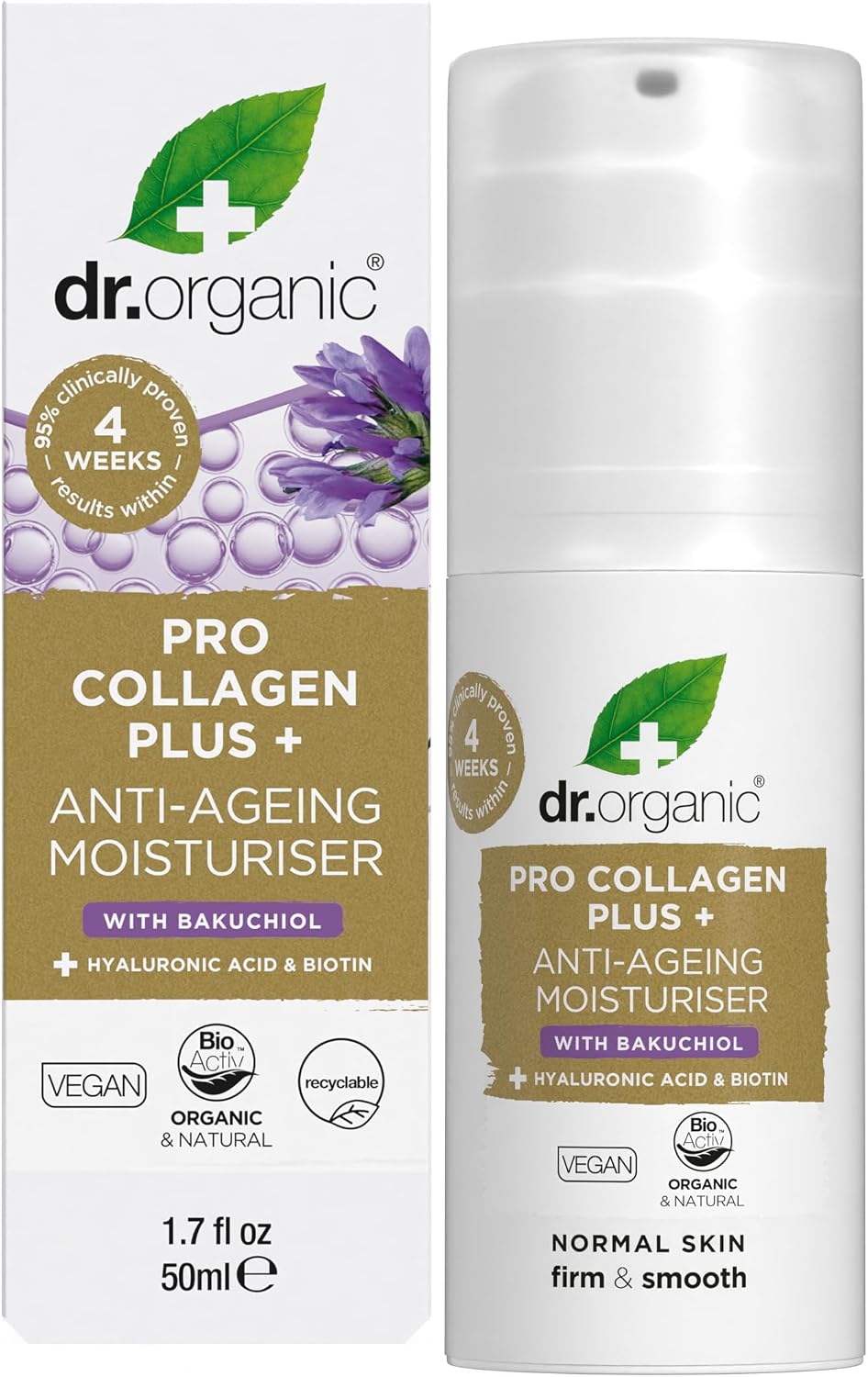 Dr. Organic Pro Collagen Plus Anti-Ageing Moisturizer with Black Pearl, Hyaluronic Acid & Biotin | 50ml | Firm & Smooth | All Skin Types | Vegan, Organic, Natural, Paraben & SLS-Free