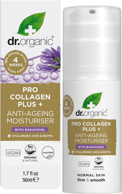 Dr. Organic Pro Collagen Plus Anti-Ageing Moisturizer with Black Pearl, Hyaluronic Acid & Biotin | 50ml | Firm & Smooth | All Skin Types | Vegan, Organic, Natural, Paraben & SLS-Free