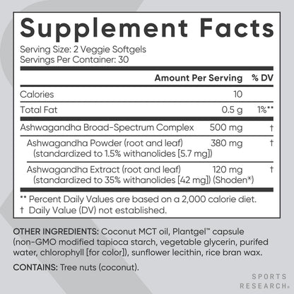 Sports Research® Ashwagandha Softgels with Coconut MCT Oil - Natural Ayurvedic Adaptogen Made with Shoden® Ashwa for Relaxation, Calm & Sleep Support - Gluten Free & Vegan Friendly - 120 Count