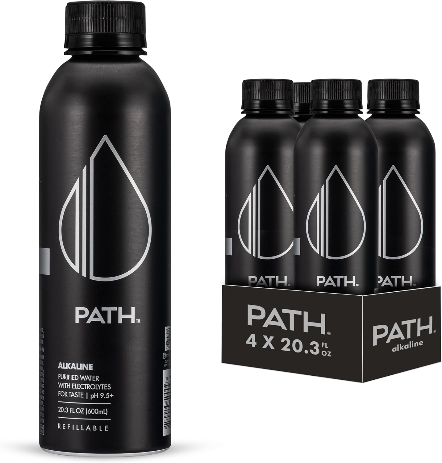 PATH Alkaline Bottled Water - 9.5 pH-Balanced Purified Water with Electrolytes in Aluminum Bottle - BPA-Free, Reusable, Infinitely Recyclable - Pure, Crisp, Refreshing Taste 20.3 fl oz (Pack of 12)