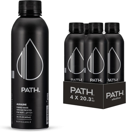 PATH Alkaline Bottled Water - 9.5 pH-Balanced Purified Water with Electrolytes in Aluminum Bottle - BPA-Free, Reusable, Infinitely Recyclable - Pure, Crisp, Refreshing Taste 20.3 fl oz (Pack of 12)