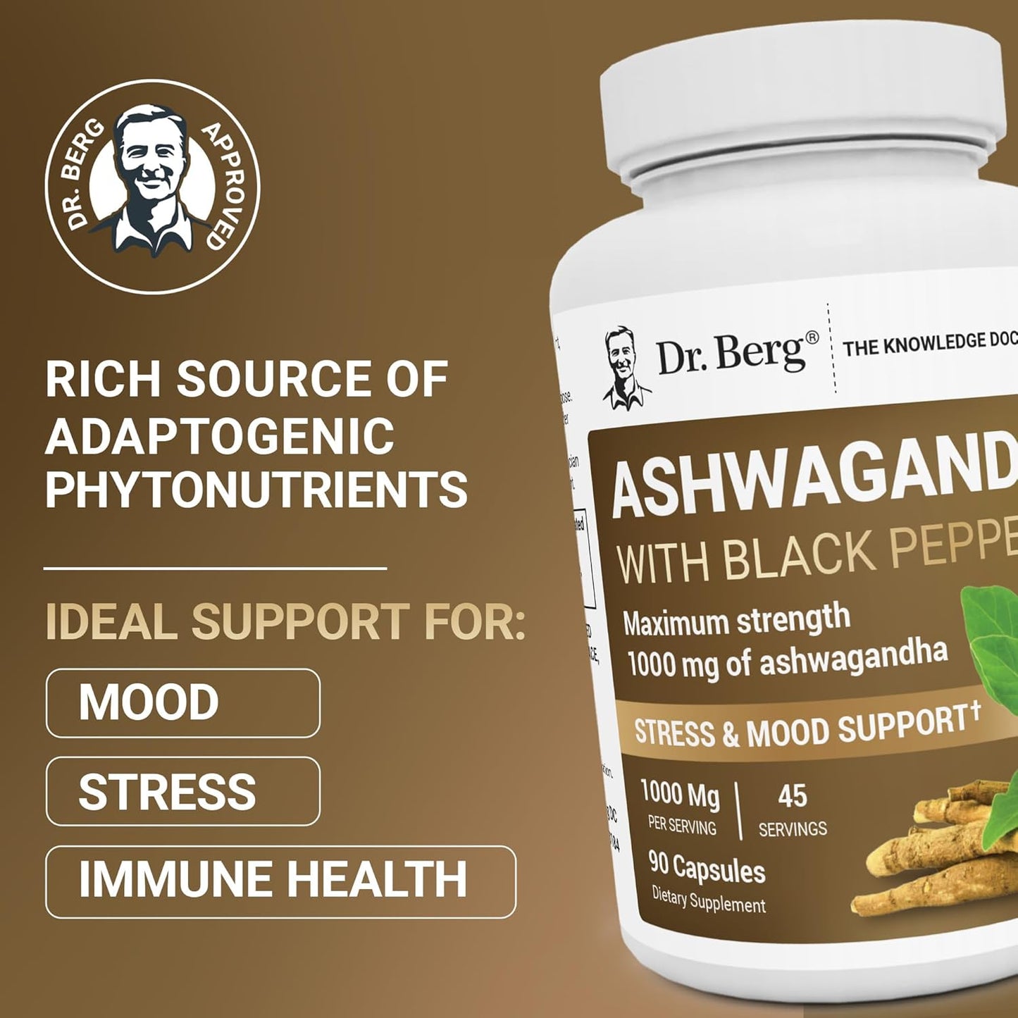 DR. BERG NUTRITIONALS Dr. Berg's Ashwagandha with Black Pepper Supplement - Capsules for Mood & Stress Support, Energy, Joint, Thyroid Immune System 1500mg Organic Supplements 90