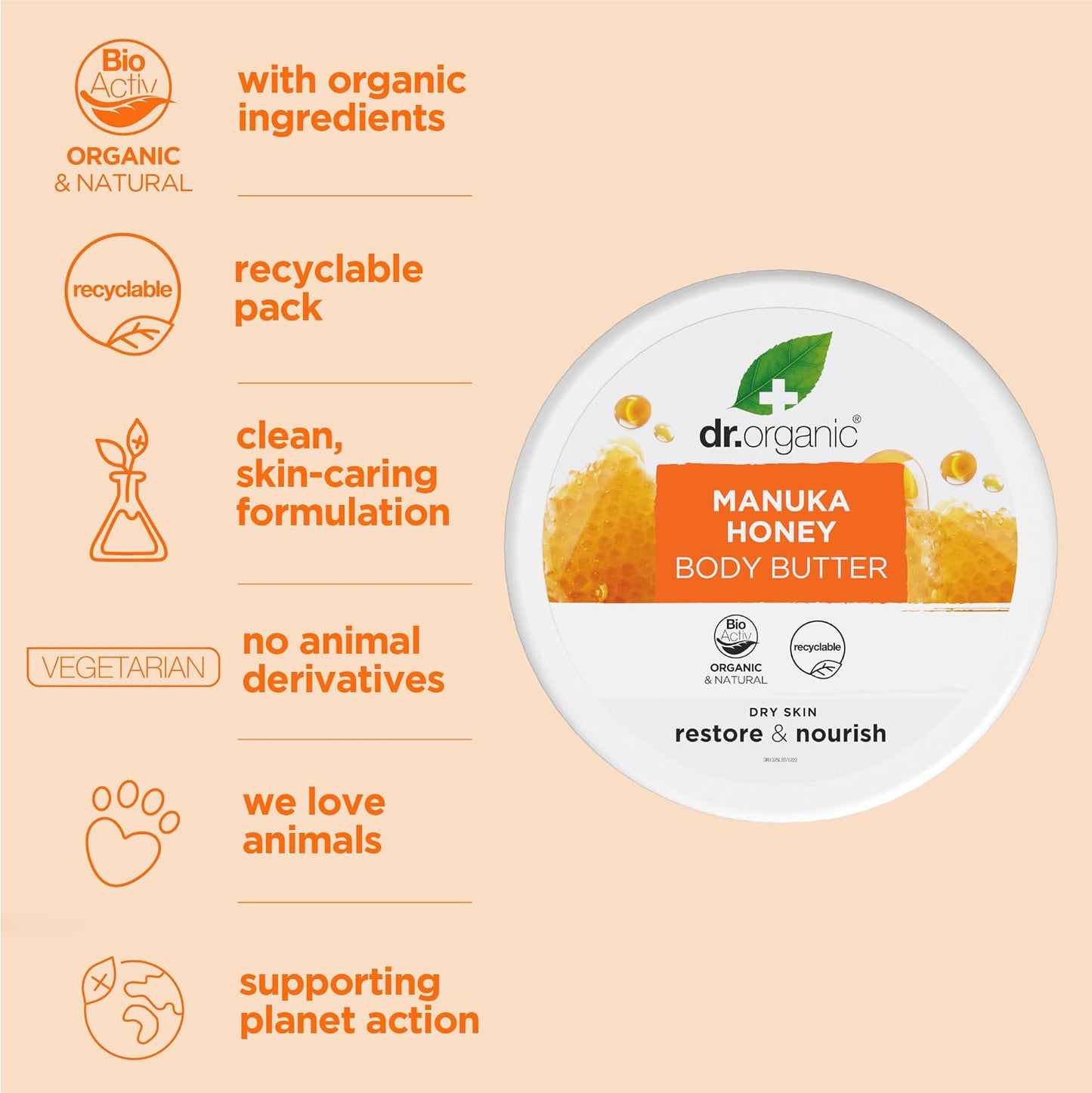 Dr Organic Manuka Honey Body Butter, Moisturising, Dry Skin, Mens, Womens, Natural, Vegetarian, Cruelty-Free, Paraben & SLS-Free, Organic, 200ml