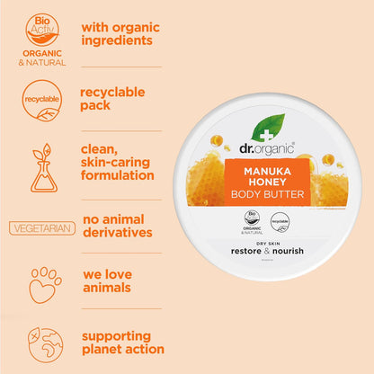 Dr Organic Manuka Honey Body Butter, Moisturising, Dry Skin, Mens, Womens, Natural, Vegetarian, Cruelty-Free, Paraben & SLS-Free, Organic, 200ml