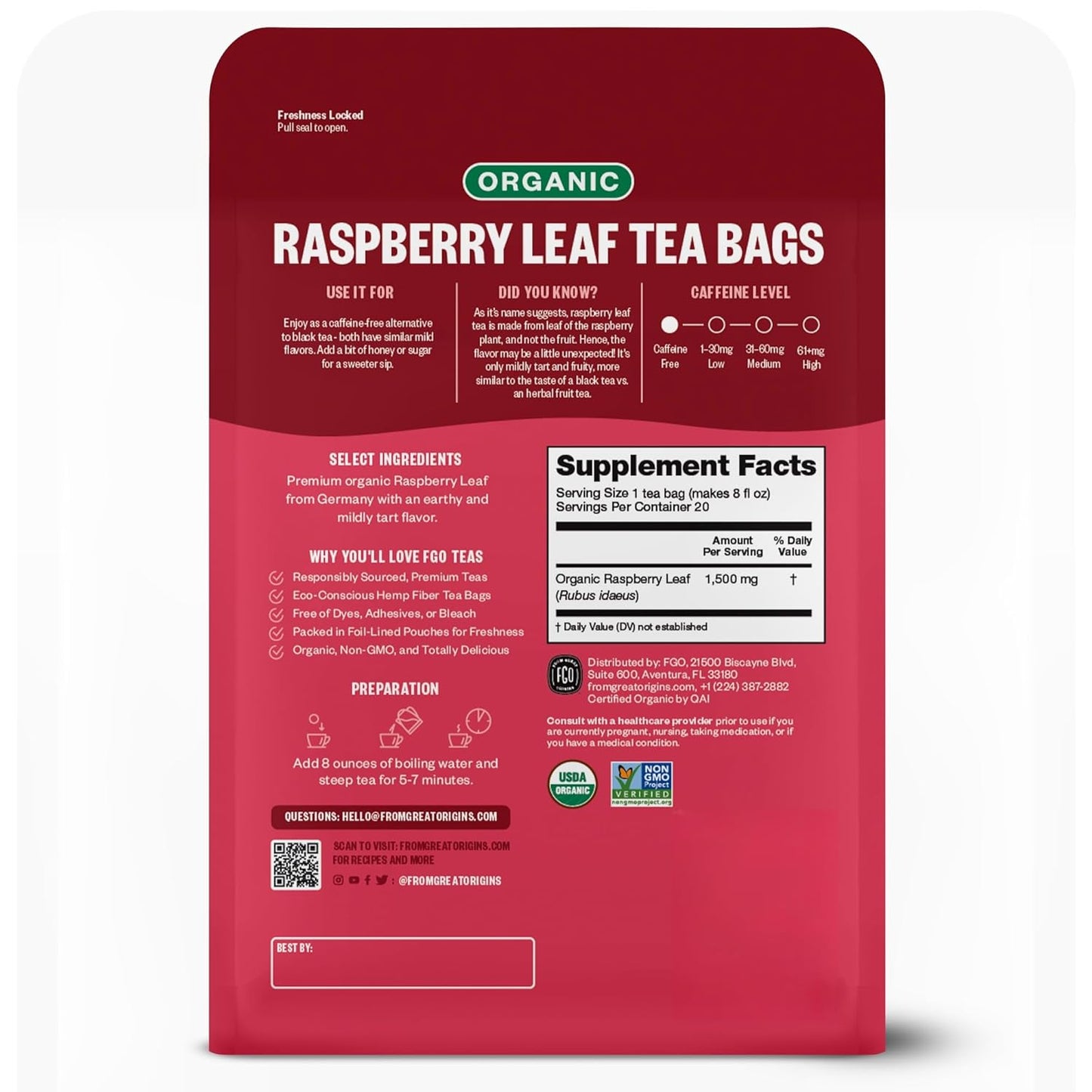 FGO Organic Nettle Leaf Tea, 100 Count, Eco-Conscious Tea Bags, Caffeine Free, Resealable Bag, Packaging May Vary (Pack of 1)
