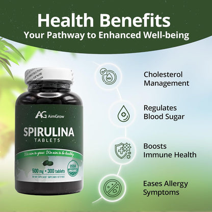 Spirulina Tablets, Nutrient-Rich Supplement for Energy and Immune Health, Non-GMO and Gluten-Free, Meets Health Canada Standards, 500mg, 300 Tablets