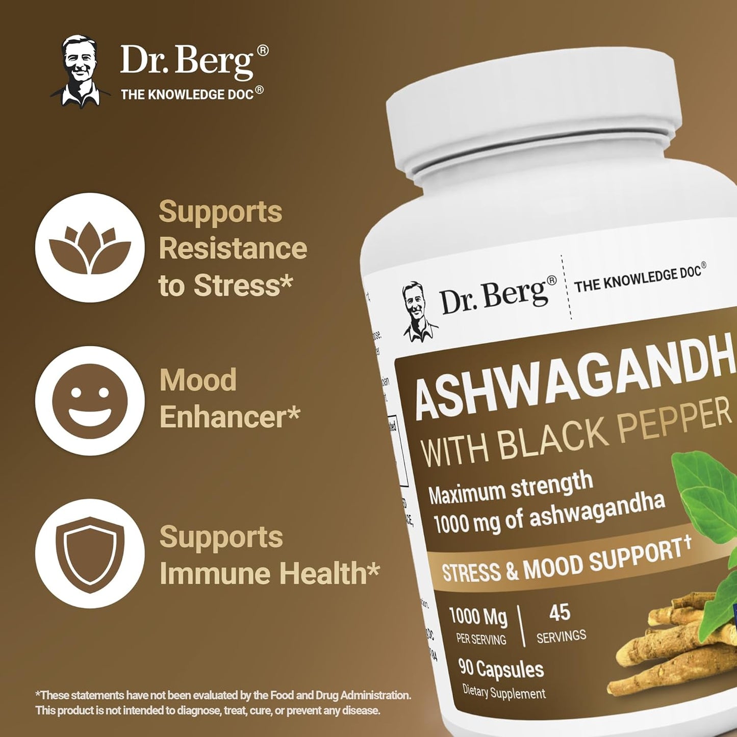 DR. BERG NUTRITIONALS Dr. Berg's Ashwagandha with Black Pepper Supplement - Capsules for Mood & Stress Support, Energy, Joint, Thyroid Immune System 1500mg Organic Supplements 90