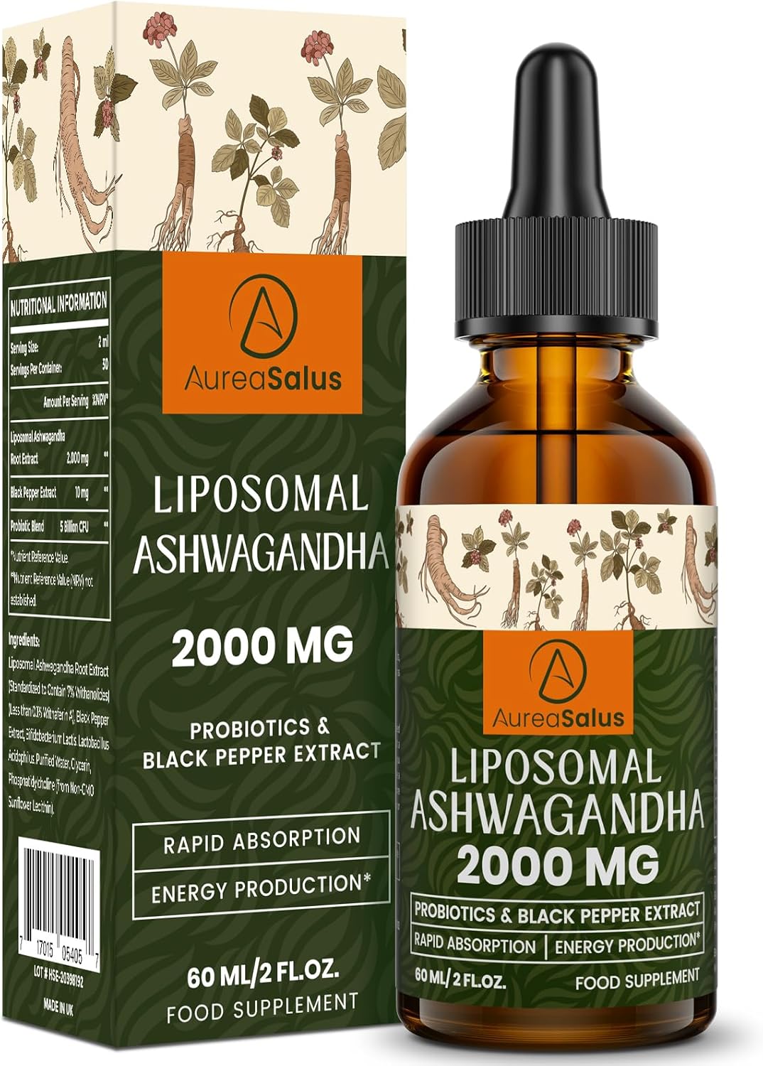 Liposomal Ashwagandha Drops 2000mg, Pure Natural Ashwagandha Extract, Enrich Probiotics & Black Pepper Extract, Stress Relieve Supplements, Increase Energy (60 ml (Pack of 1))