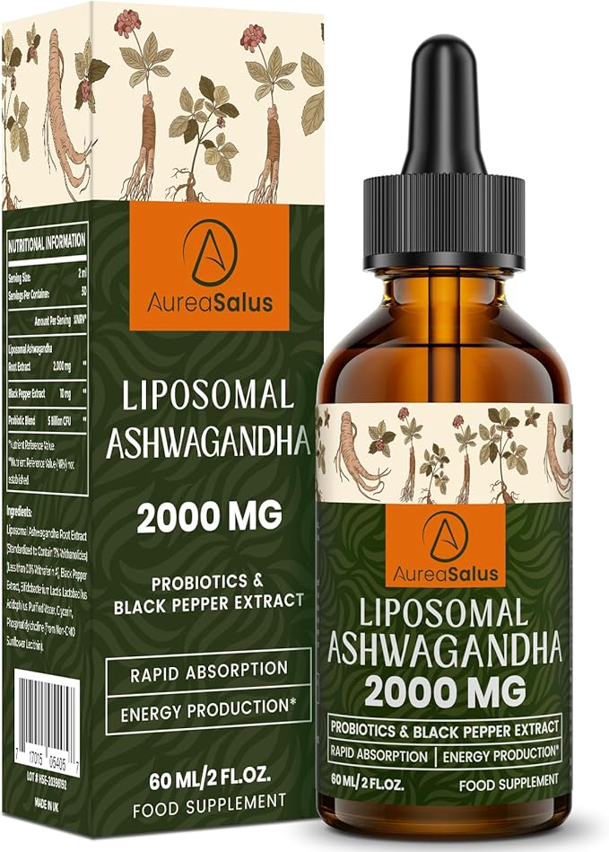 Liposomal Ashwagandha Drops 2000mg, Pure Natural Ashwagandha Extract, Enrich Probiotics & Black Pepper Extract, Stress Relieve Supplements, Increase Energy (60 ml (Pack of 1))