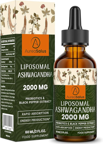 Liposomal Ashwagandha Drops 2000mg, Pure Natural Ashwagandha Extract, Enrich Probiotics & Black Pepper Extract, Stress Relieve Supplements, Increase Energy (60 ml (Pack of 1))