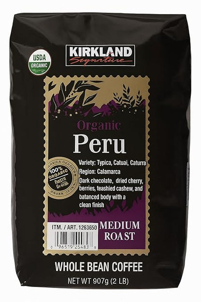 Kirkland Signature Organic Whole Bean Coffee from Peru- 2lb Whole Bean Medium Roast