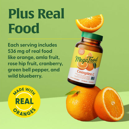 MegaFood Complex C - Vegan Immune Support Supplement with Vitamin C 250 mg, Made with Real Food Including Orange, Cranberry & Brown Rice, Gluten-Free, Kosher - 30 Tablets, 30 Servings