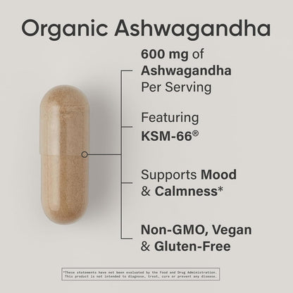 Sports Research® Organic Ashwagandha – Adaptogen for Relaxation, Calm & Sleep Support – Made with Organic KSM-66® – 600 mg – Non-GMO Verified, Gluten-Free, Certified Vegan – 90 Veggie Capsules