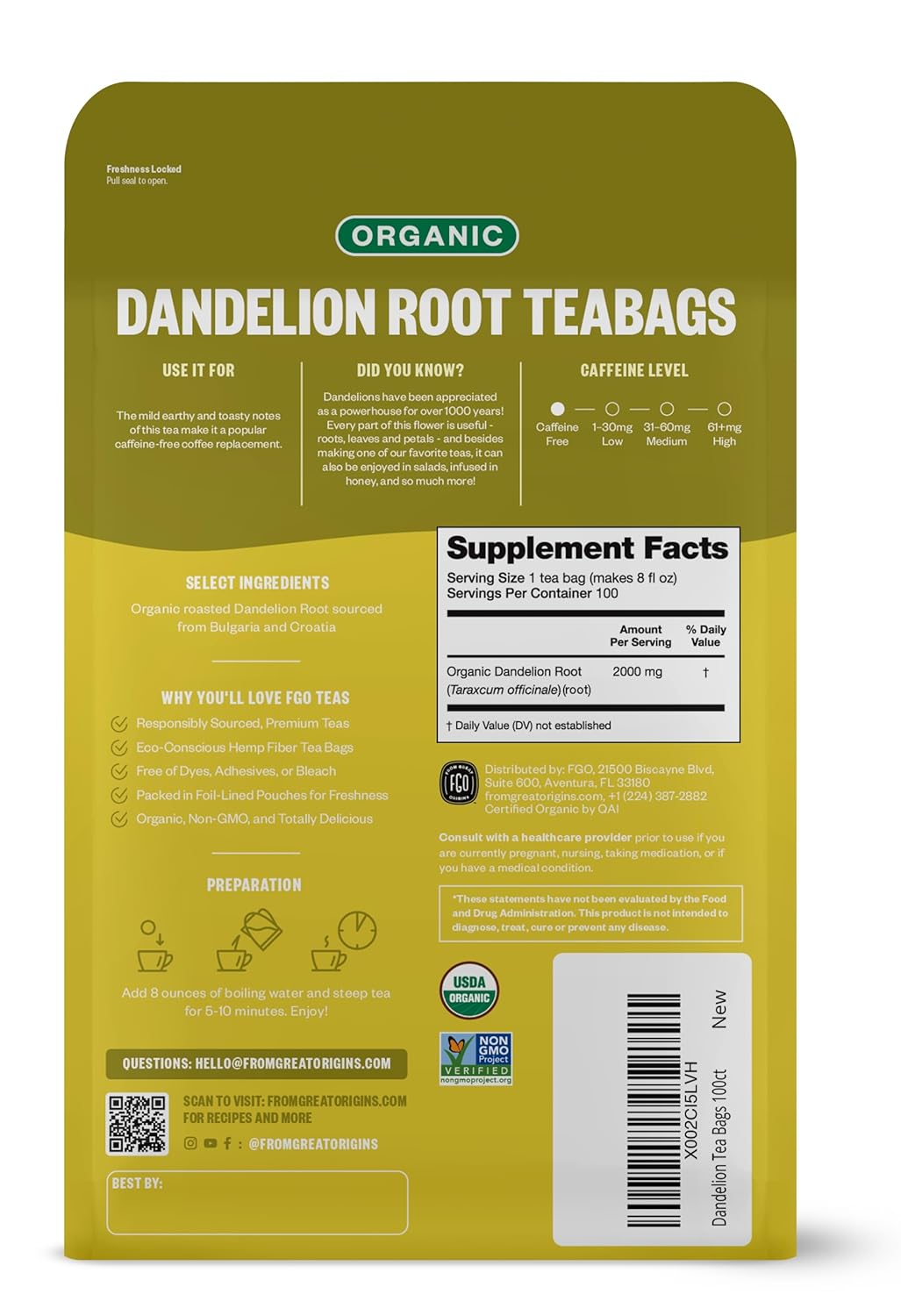 FGO Organic White Tea, Eco-Conscious Tea Bags, Packaging May Vary, 100 Count (Pack of 1)