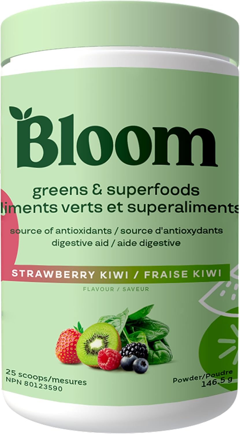 Bloom Nutrition Greens and Superfoods Powder for Digestive Health, Greens Powder, Digestive Enzymes, Probiotics, Spirulina, Chlorella for Bloating & Gut Support, Green Juice, 30 SVG, Strawberry Kiwi