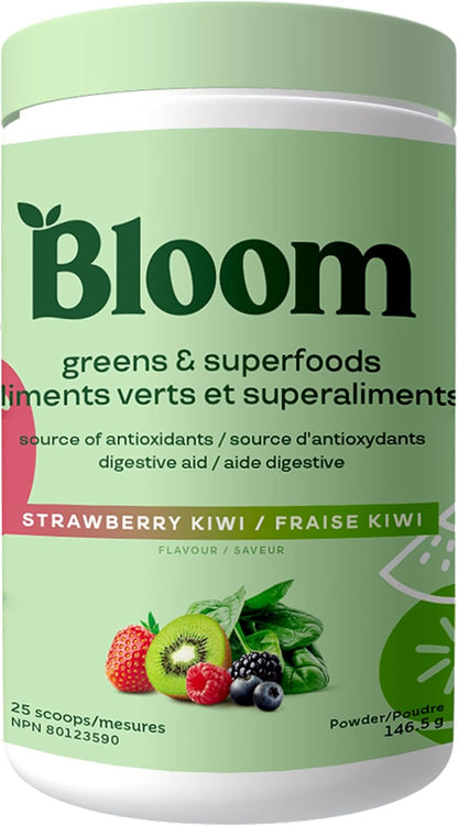 Bloom Nutrition Greens and Superfoods Powder for Digestive Health, Greens Powder, Digestive Enzymes, Probiotics, Spirulina, Chlorella for Bloating & Gut Support, Green Juice, 30 SVG, Strawberry Kiwi
