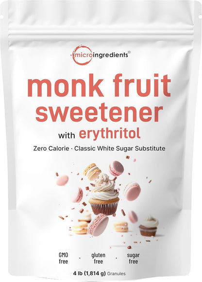 Micro Ingredients Monk Fruit Sweetener with Erythritol Granules, 4 Pounds, No After Taste, 1:1 White Sugar Substitute, Keto Diet Friendly, Zero Calorie, Natural Sweetener for Drinks, Coffee, Tea, Co