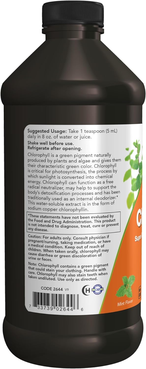 NOW Supplements, Liquid Chlorophyll, Super Concentrated, Internal Deodorizer*,Boost Energy, Mint Flavor, 16-Ounce