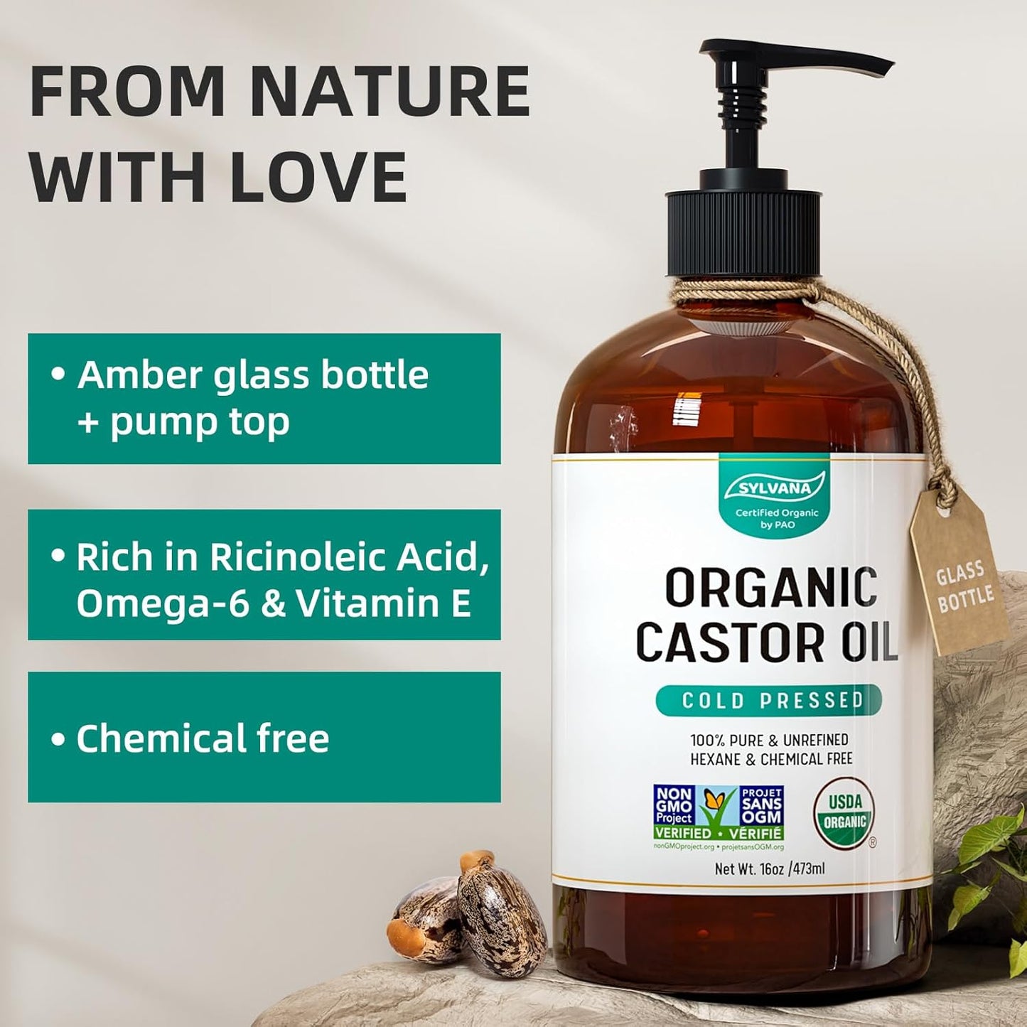 SYLVANA Organic Castor Oil (16oz Glass Bottle), USDA Certified Organic, Cold Pressed, Vegan, Hexane Free - 100% Pure Castor Oil for Nourishing Skin, Hair Growth, Lashes & Eyebrows