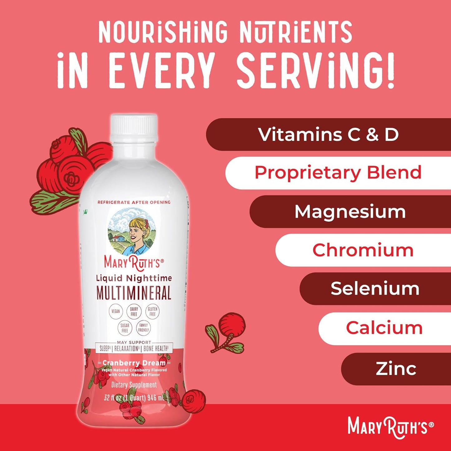 MaryRuth Organics Liquid Nighttime Multimineral | No Melatonin | Bedtime Routine | Magnesium Citrate | Calcium | Zinc | Vitamin D3| Available in 4 Flavors - Vegan | Sugar Free | Gluten Free | 32 Oz