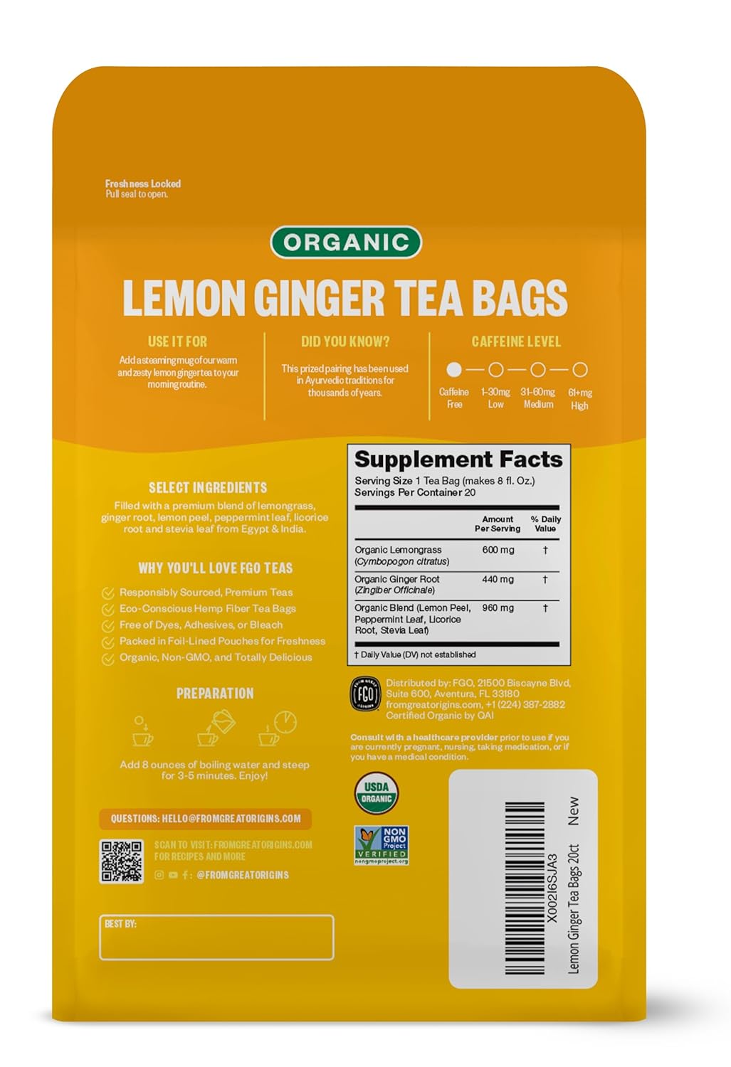 FGO Organic Nettle Leaf Tea, 100 Count, Eco-Conscious Tea Bags, Caffeine Free, Resealable Bag, Packaging May Vary (Pack of 1)