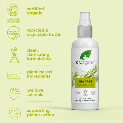 Dr Organic Tea Tree Foot Spray, Deodorising, Cleansing, Quick-Drying, Aluminium Free, with Natural Peppermint Oil, Vegan, Cruelty Free, Paraben & SLS Free, Certified Organic, 100 ml