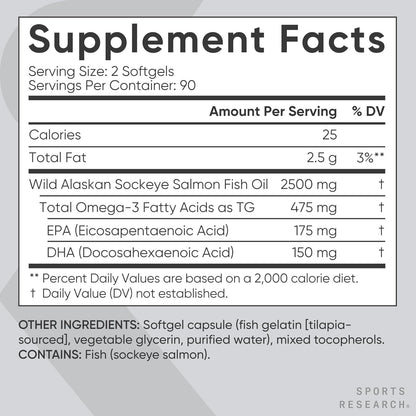 Sports Research® Salmon Oil - Single-Source Wild Alaskan Sockeye | 2500 mg per Serving w/EPA & DHA Fatty Acids | MSC Certified - 180 Count Softgels