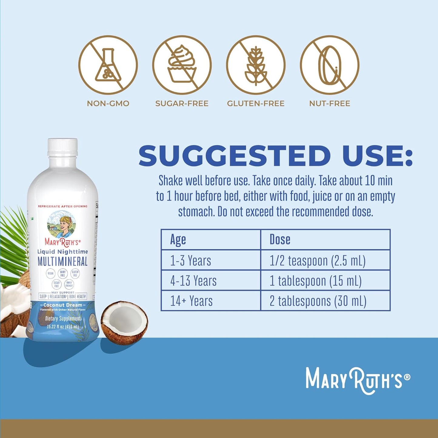 MaryRuth Organics Liquid Nighttime Multimineral | No Melatonin | Bedtime Routine | Magnesium Citrate | Calcium | Zinc | Vitamin D3| Available in 4 Flavors - Vegan | Sugar Free | Gluten Free | 32 Oz