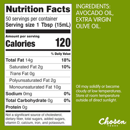 Chosen Foods 50/50 Blend 100% Pure Avocado, Extra Virgin Olive Oil – Non-GMO Blend Oil for Medium-Heat Cooking, Baking, Frying, 25.4 fl oz