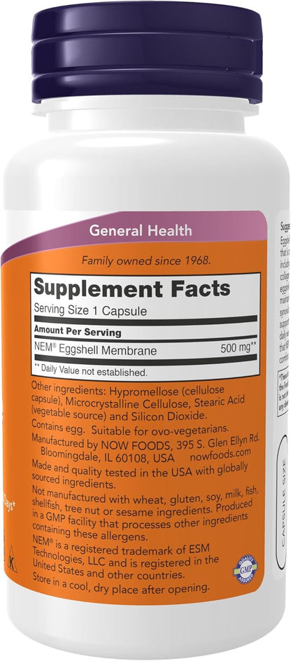 NOW Foods Supplements, Eggshell Membrane (A Unique Biological Matrix Composed of Major Joint Constituents) 500 mg, 60 Veg Capsules