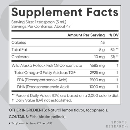 Sports Research® Omega-3 Fish Oil 4685mg - Sourced from Wild Caught Alaska Pollock - Natural Lemon Flavor, MSC Certified Sustainable - 8oz (48 Servings)