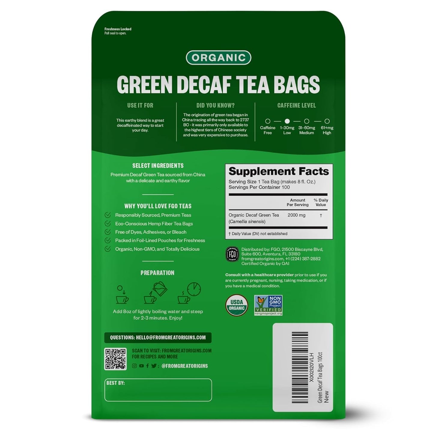 FGO Organic Nettle Leaf Tea, 100 Count, Eco-Conscious Tea Bags, Caffeine Free, Resealable Bag, Packaging May Vary (Pack of 1)