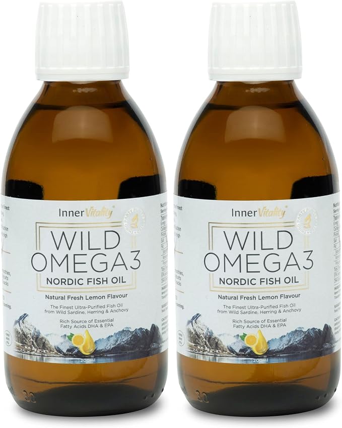 Inner Vitality Omega 3 Fish Oil Liquid - Natural Fresh Lemon Flavour with NO Fishy Taste, High Strength DHA/EPA - 400ml Made from Wild Caught Nordic Fish Oil | 3rd Party Tested for Purity - pack of 1