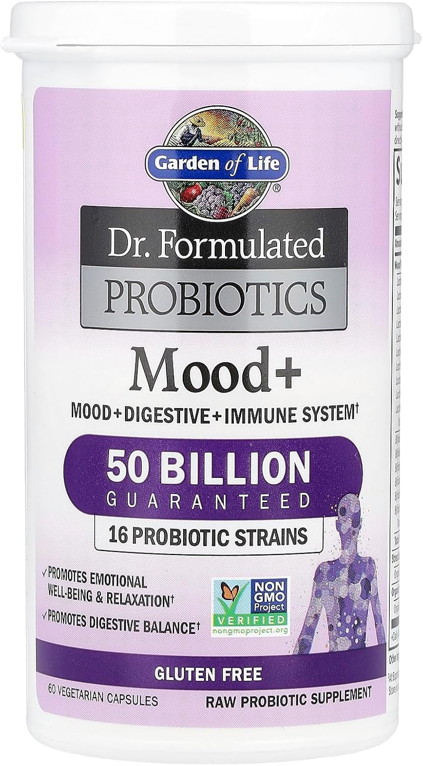 Garden of Life Probiotics Mood+ Dr Formulated Acidophilus Probiotic Supplement - Promotes Emotional Well-Being, Relaxation and Digestive Balance - Ashwagandha for Stress Management, 60 Veggie Caps
