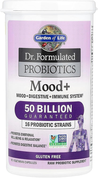 Garden of Life Probiotics Mood+ Dr Formulated Acidophilus Probiotic Supplement - Promotes Emotional Well-Being, Relaxation and Digestive Balance - Ashwagandha for Stress Management, 60 Veggie Caps