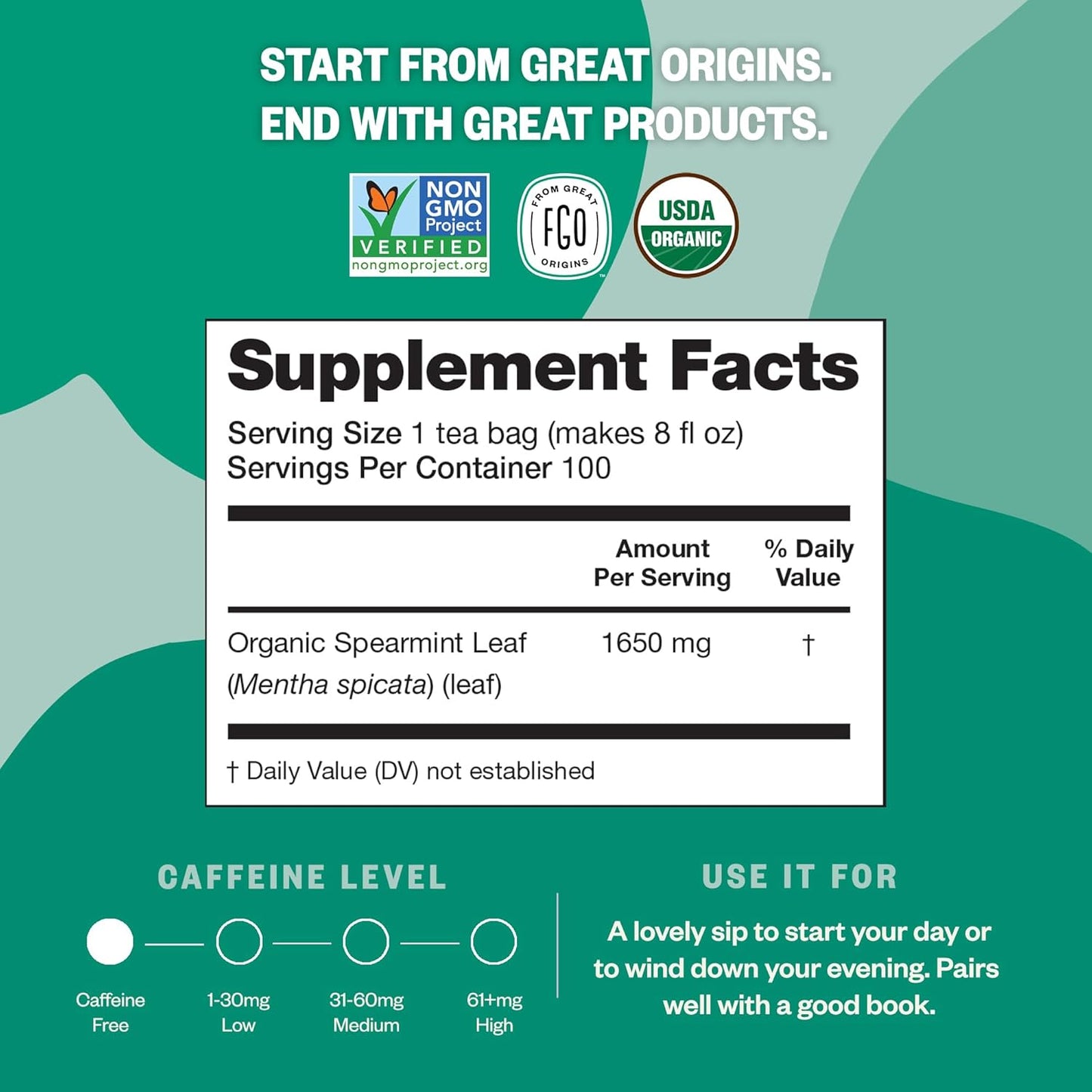 FGO Organic Nettle Leaf Tea, 100 Count, Eco-Conscious Tea Bags, Caffeine Free, Resealable Bag, Packaging May Vary (Pack of 1)