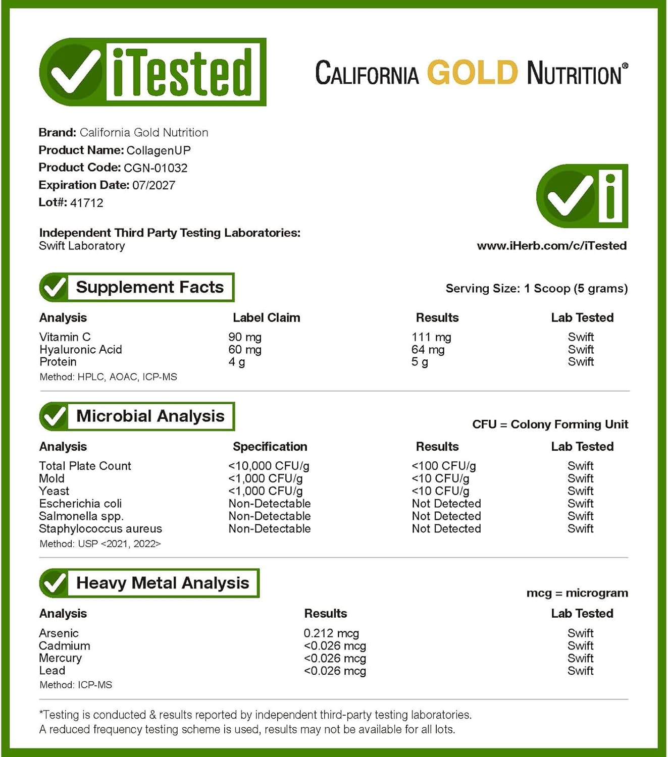 California Gold Nutrition CollagenUP Marine Collagen Hyaluronic Acid Vitamin C Unflavored 16 36 oz 464 g