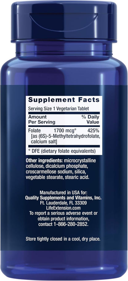 Life Extension Optimized Folate – L-methylfolate – Heart & Brain Support, Healthy Homocysteine Levels – Non-GMO, Gluten-Free, Vegetarian – 1700 mcg DFE, 100 Vegetarian Tablets