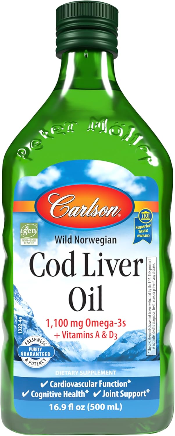 Carlson - Cod Liver Oil, 1100 mg Omega-3s, Plus Vitamins A and D3, Wild Caught Norwegian Arctic Cod Liver Oil, Sustainably Sourced Nordic Fish Oil Liquid, Unflavored, 250 mL (8.4 Fl Oz)