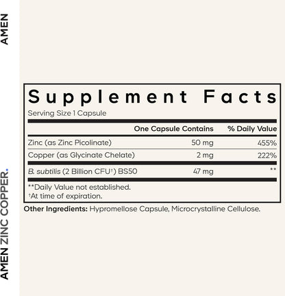 Amen Zinc & Copper Supplement + Probiotics, 3 Months Supply, One Per Day - 50 mg Zinc Picolinate Vitamin Pills - Essential Minerals Supplements – 2 Billion CFUs Probiotic – Vegan, Non-GMO, 90 Capsules
