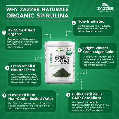 Zazzee Organic Spirulina Powder, 2.2 Pounds (1 KG), USDA Certified, 303 Servings, 100% Pure, Non-Irradiated, Mess-Free Wide Mouth Container, Fresh Smell and Neutral Taste, Vegan, Non-GMO, Gluten-Free