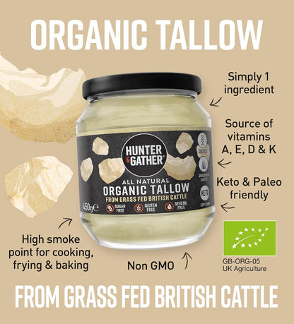 Hunter & Gather Organic Beef Tallow from Grass Fed British Cows 300g | Gluten Free, Seed Oil Free | Keto, Low Carb, Paleo I Ancestrally Inspired Nutrition I Simply 1 Ingredient I Glass Jar