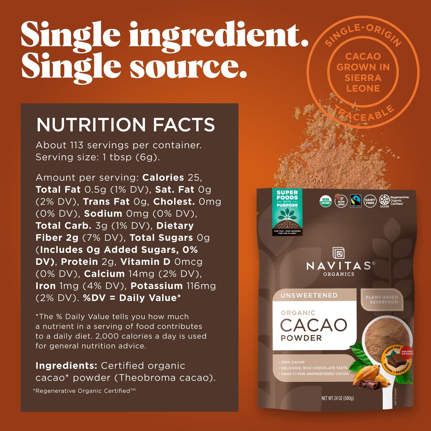 Navitas Organics Organic Cacao Powder, Non-GMO, Fair Trade, Gluten-Free, 16 Ounce / 454gram